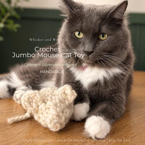 May include: A cream-colored crochet jumbo mouse cat toy with a braided tail. The text on the image reads: Whisker and Wool Co. Crochet Jumbo Mouse Cat Toy, Catnip + Silvervine Infused, HANDMADE, Simple natural toys | made for instinct-driven play | keep 'em feral.
