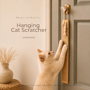 May include: A vertical rectangular cat scratcher made of tan sisal rope, suspended from a brass door knob by a thick jute cord. The scratcher features two wooden beads at the top. Text on the image reads: Whisker and Wool Co. Hanging Cat Scratcher HANDMADE. Simple natural toys | made for instinct-driven play | keep 'em feral.