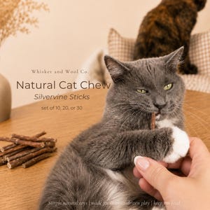 May include: A set of brown, woody silvervine sticks for cats, presented as a collection of 10, 20, or 30 pieces. The text on the image reads: Whisker and Wool Co. Natural Cat Chew Silvervine Sticks set of 10, 20, or 30. Simple natural toys.