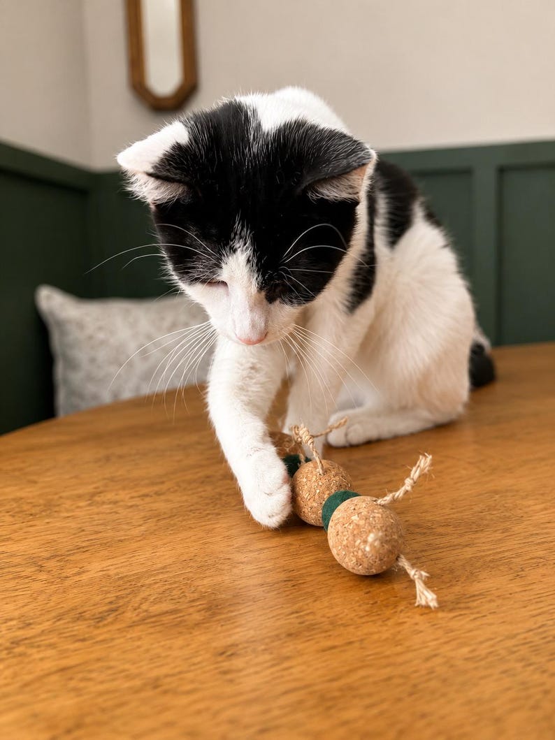 May include: A black and white cat playing with a cat toy made of cork balls and green felt. The cat is on a wooden table, with a green wall and a decorative mirror in the background.
