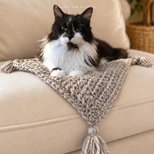 May include: A long-haired black and white cat resting on a triangular, chunky knit beige blanket featuring thick yarn texture and decorative tassels at each corner. The text Whisker and Wool Co. is visible at the top center of the image.