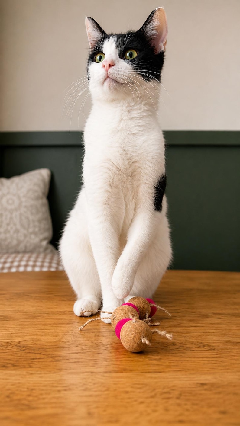 May include: A white cat with black markings sits on a wooden surface, looking upwards. The cat has green eyes and a pink nose. Cat toys made of cork and pink felt are in front of the cat. The background is a mix of green and beige.