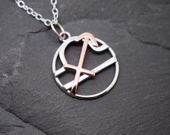 Libra Sagittarius necklace sterling silver and polished copper combined zodiacs