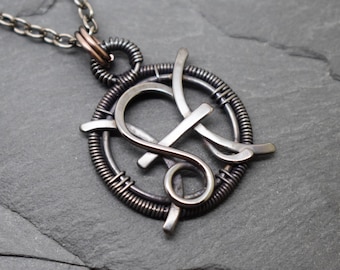 Leo Pisces necklace wire wrapped oxidised copper combined zodiacs