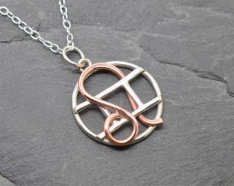 Gemini Leo necklace sterling silver and polished copper combined zodiacs