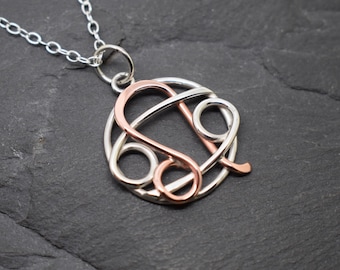 Cancer Leo Zodiac Pendant: Sterling Silver & Copper Charm Necklace