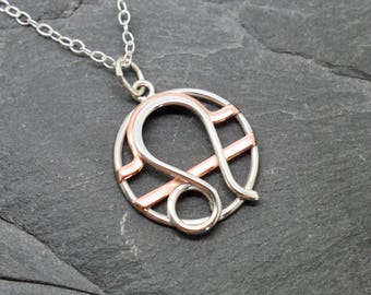 Leo Libra necklace sterling silver and polished copper combined zodiacs