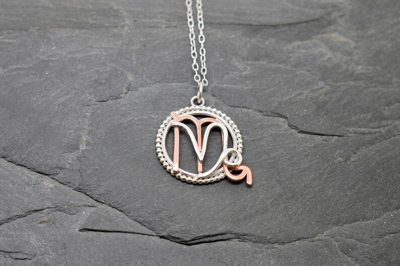 Scorpio Capricorn necklace sterling silver and polished copper with beaded edging