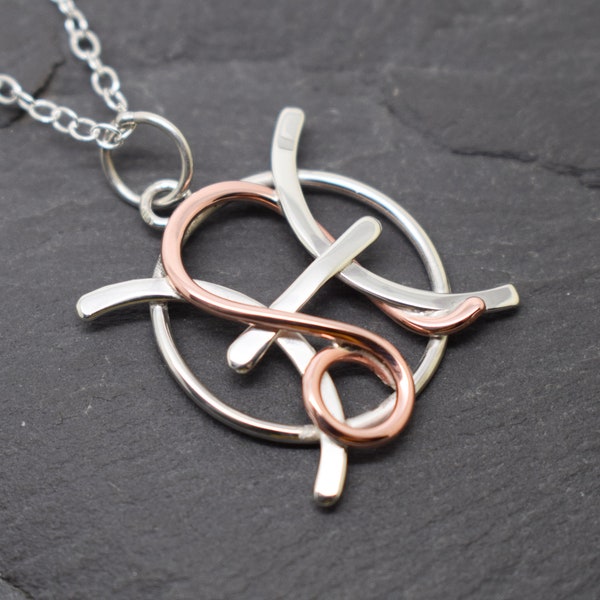 Leo pisces necklace sterling silver and polished copper combined zodiacs