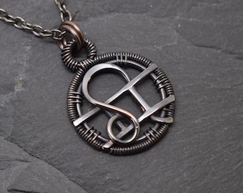 Oxidized Copper Leo Gemini Zodiac Pendant - Wire Wrapped Astrology Jewelry