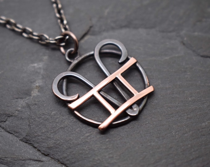 Oxidized Copper Aries Gemini Necklace: Combined Zodiac Signs