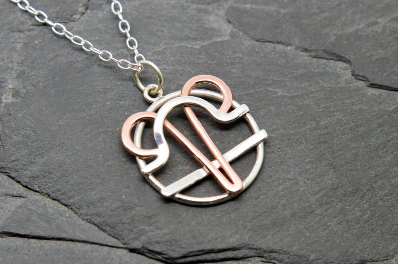 Aries libra necklace sterling silver and polished copper combined zodiacs image 1