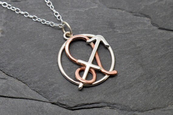 Leo Sagittarius Necklace Sterling Silver and Polished Copper Combined Zodiacs