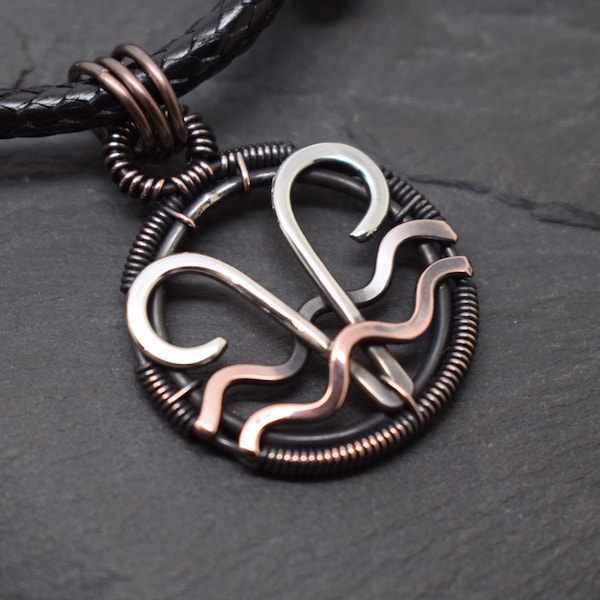 Aries Aquarius necklace wire wrapped sterling silver and copper combines zodiacs