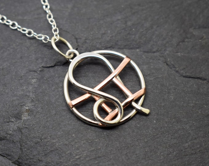 Gemini Leo necklace sterling silver and polished copper combined zodiacs