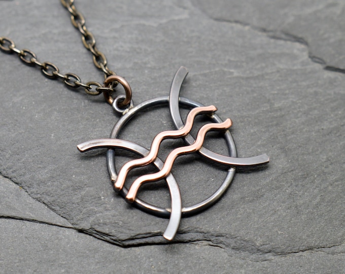 Pisces Aquarius zodiac necklace in oxidised and polished copper combined zodiacs