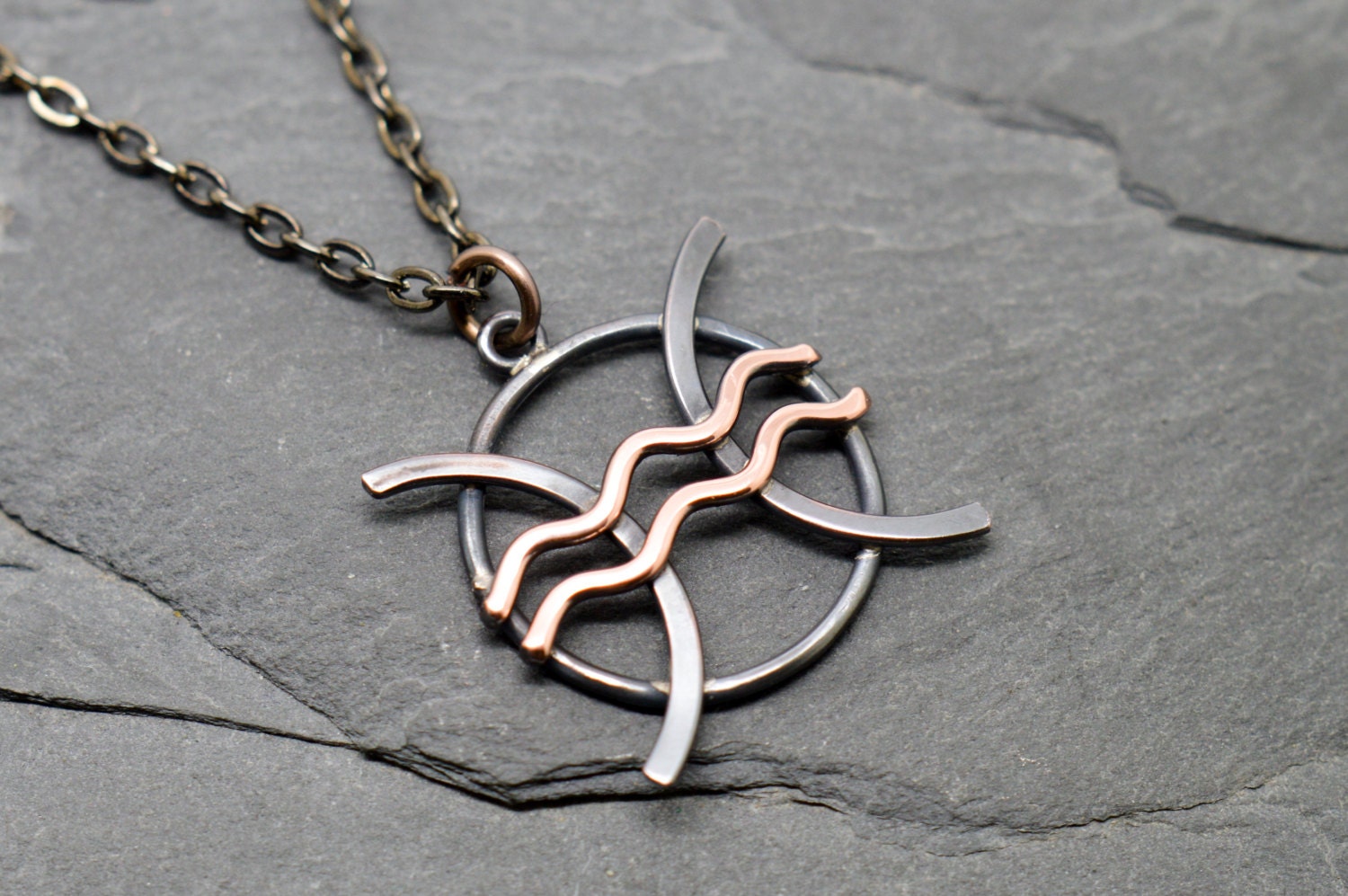 Pisces Etsy Zodiacs Copper Polished Oxidised - and Necklace Combined Zodiac Aquarius in