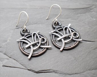 Capricorn Pisces earrings wire wrapped oxidised copper combined zodiacs