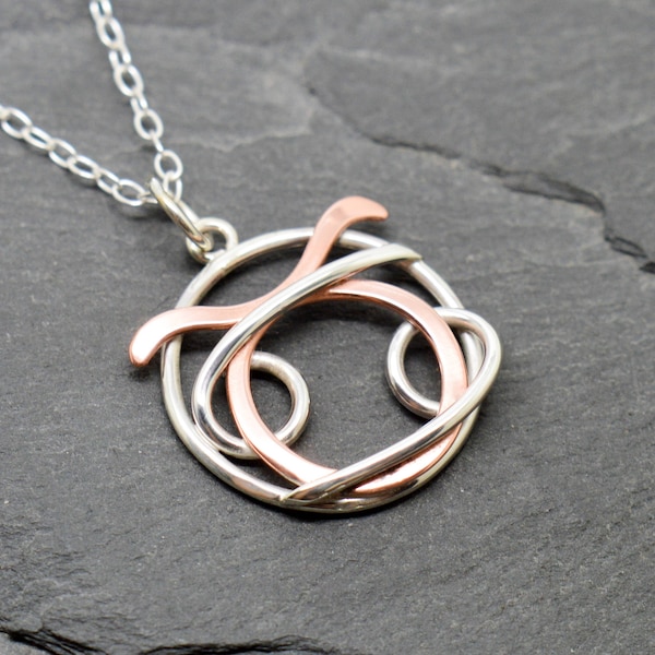 Collier cancer du sein taureau en argent sterling et cuivre poli