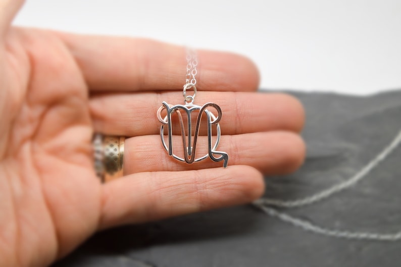 May include: A silver necklace with a Virgo zodiac sign pendant. The pendant is a delicate, open-work design.
