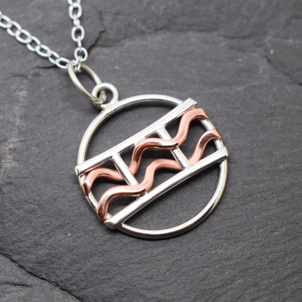 Gemini Aquarius necklace sterling silver and polished copper combined zodiacs