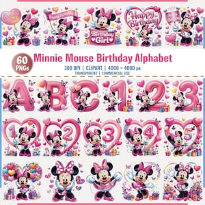 May include: A digital graphic set featuring Minnie Mouse in various poses, with birthday-themed elements. Includes letters, numbers, and phrases like "Happy Birthday" and "Birthday Girl." The set is in pink and red.