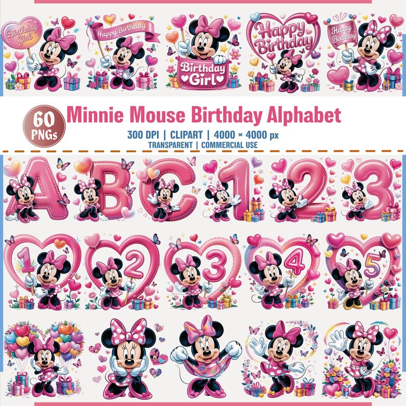 May include: A digital graphic set featuring Minnie Mouse in various poses, with birthday-themed elements. Includes letters, numbers, and phrases like "Happy Birthday" and "Birthday Girl." The set is in pink and red.