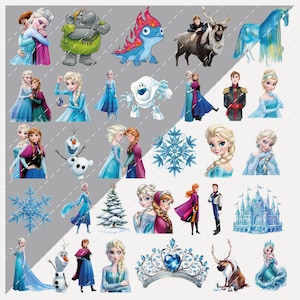 Op de afbeelding: Een verzameling kleurrijke cartoon illustraties met personages en elementen uit de animatiefilm "Frozen". De afbeeldingen bevatten Elsa, Anna, Olaf, Kristoff, Sven en andere personages, samen met sneeuwvlokken en een kasteel.