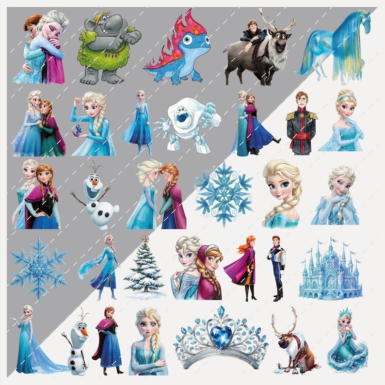 Op de afbeelding: Een verzameling kleurrijke cartoon illustraties met personages en elementen uit de animatiefilm "Frozen". De afbeeldingen bevatten Elsa, Anna, Olaf, Kristoff, Sven en andere personages, samen met sneeuwvlokken en een kasteel.