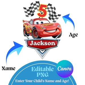 May include: A red race car with the number 95 and the name "Jackson" on a silver emblem. The number 5 is in yellow. Two checkered flags are above the car. The text "Editable PNG" and "Enter Your Child's Name and Age!" is in a blue banner.