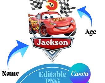 May include: A red race car with the number 95 and the name "Jackson" on a silver emblem. The number 5 is in yellow. Two checkered flags are above the car. The text "Editable PNG" and "Enter Your Child's Name and Age!" is in a blue banner.