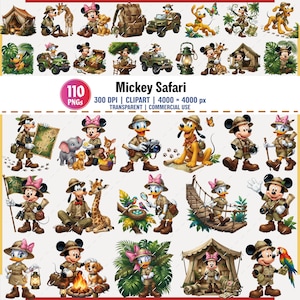 May include: A digital collection of 110 Mickey Safari themed clipart images featuring cartoon characters in khaki explorer outfits with safari gear, animals, tents, and vehicles. The text reads Mickey Safari, 110 PNGs, 300 DPI, 4000 x 4000 px.
