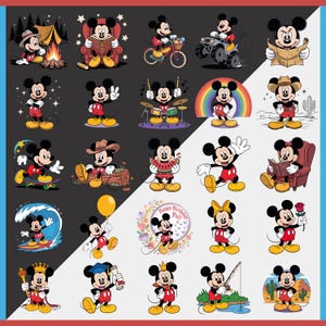 May include: A collection of Mickey Mouse illustrations in various poses and settings. Mickey is depicted camping, reading, riding a bike, driving a vehicle, playing drums, and more. The images feature a red, black, yellow, and white color scheme.