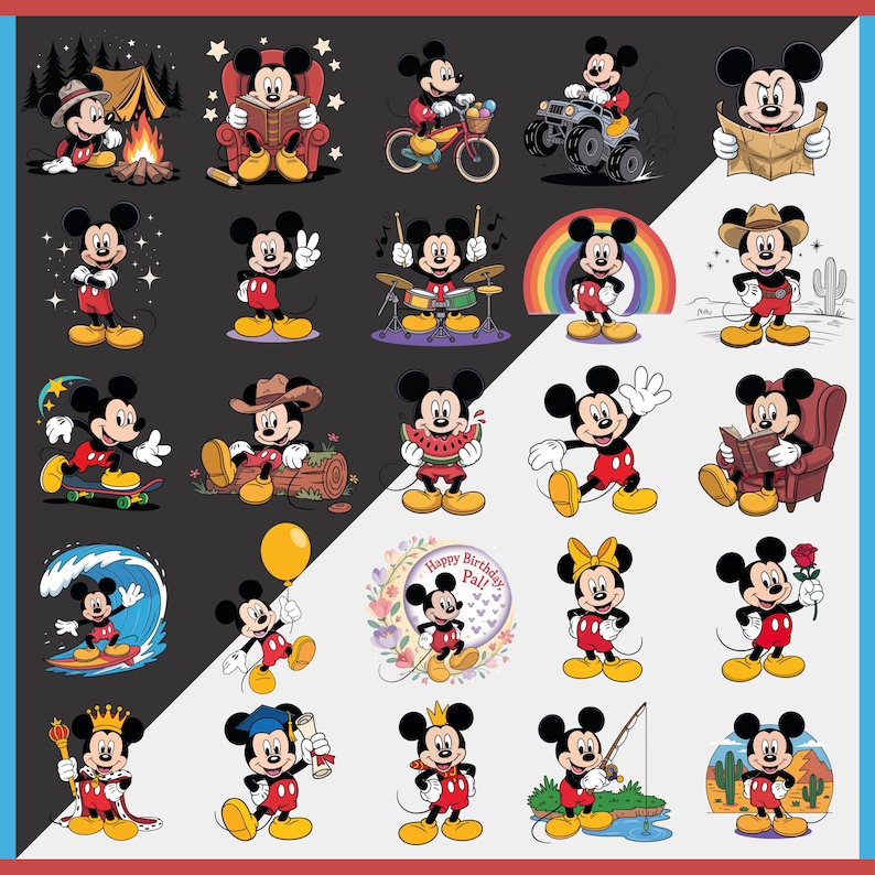 May include: A collection of Mickey Mouse illustrations in various poses and settings. Mickey is depicted camping, reading, riding a bike, driving a vehicle, playing drums, and more. The images feature a red, black, yellow, and white color scheme.
