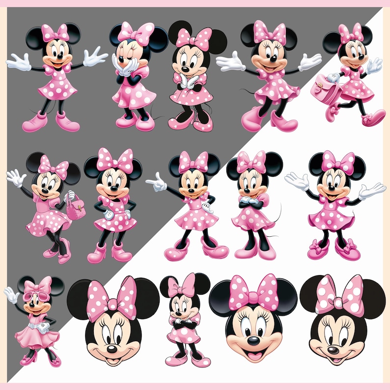 May include: A collection of Minnie Mouse illustrations in various poses. Minnie is depicted in a pink polka dot dress, matching bow, and shoes. Some images show her with a purse or sunglasses. The background alternates between gray and white.