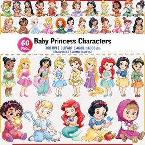 May include: A collection of 60 baby princess characters in PNG format. The princesses are shown in various poses and outfits, with diverse skin tones and hair colours. The image includes the text "Baby Princess Characters".