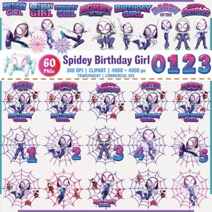 May include: A digital clipart set featuring a Spidey Birthday Girl theme. The set includes various illustrations of a superhero character, spiderwebs, and numbers. The color palette consists of purple, pink, and white. The text includes "Spidey Birthday Girl" and numbers 0-5.
