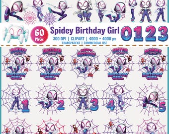 Paquete de imágenes prediseñadas PNG de Spidey Birthday Girl, personajes de fiesta de cumpleaños