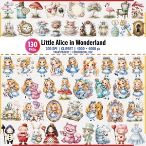 May include: A digital collection of 130 Little Alice in Wonderland themed clipart images featuring illustrations of a young girl with blonde hair in a blue dress, a white rabbit, a cat, a queen, a caterpillar, mushrooms, and various story elements.