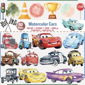 May include: Watercolor clipart set featuring various cartoon cars, a trophy, traffic cone, stop sign, and racing flags. The set includes the text "Watercolor Cars" and "90 PNGs". The cars are in various colors, including red, blue, and yellow.