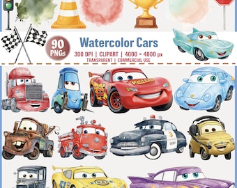 May include: Watercolor clipart set featuring various cartoon cars, a trophy, traffic cone, stop sign, and racing flags. The set includes the text "Watercolor Cars" and "90 PNGs". The cars are in various colors, including red, blue, and yellow.