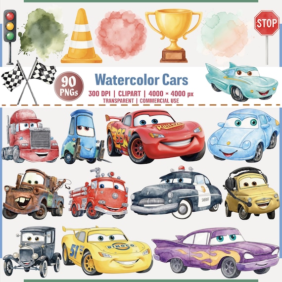 Watercolor Cartoon Cars PNG Clipart Bundle for Kids Designs, Lightning Mcqueen Png, Handdrawn,