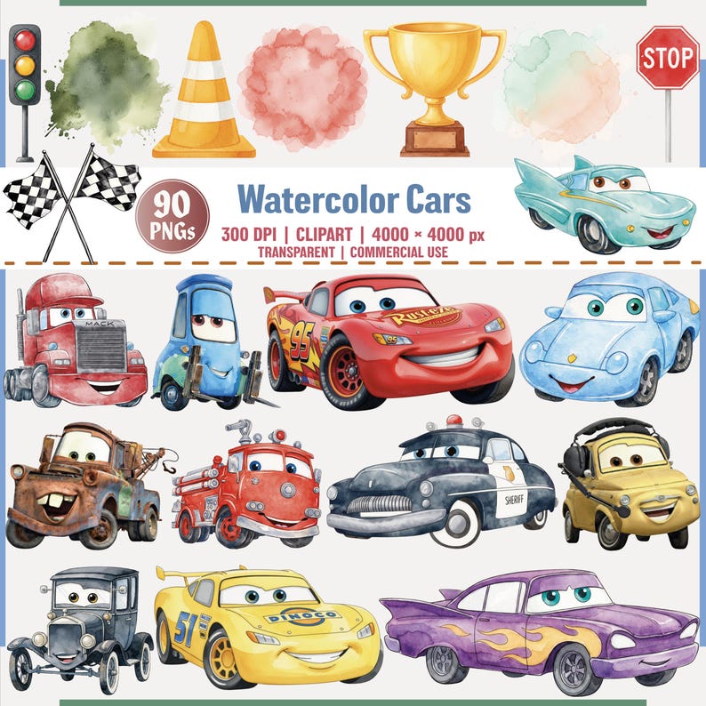 May include: Watercolor clipart set featuring various cartoon cars, a trophy, traffic cone, stop sign, and racing flags. The set includes the text "Watercolor Cars" and "90 PNGs". The cars are in various colors, including red, blue, and yellow.