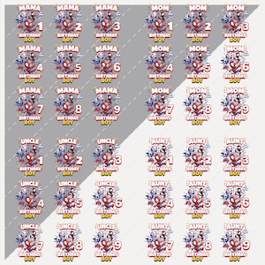 May include: Sheet of birthday-themed stickers featuring Spider-Man. Each sticker has a number from 1 to 9, with text like "MAMA," "MOM," "UNCLE," and "AUNT," along with "BIRTHDAY BOY." The stickers are red, blue, and white.