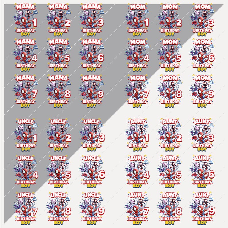 May include: Sheet of birthday-themed stickers featuring Spider-Man. Each sticker has a number from 1 to 9, with text like "MAMA," "MOM," "UNCLE," and "AUNT," along with "BIRTHDAY BOY." The stickers are red, blue, and white.
