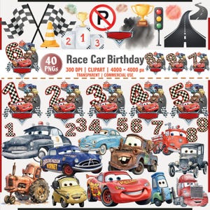 Puede incluir: Un conjunto de imágenes prediseñadas digitales con temática de coches de carreras. Incluye coches de carreras, banderas a cuadros, trofeos y los números 1-9. También se ve el texto "Race Car Birthday" y "40 PNGs". Las imágenes son de 4000 x 4000 px.