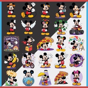 May include: A collection of Mickey Mouse illustrations in various poses and outfits. Mickey is depicted with a cowboy hat, microphone, angel wings, flowers, a pizza slice, and more. The background is a mix of black and white with blue and red borders.