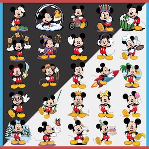 May include: A collection of cartoon Mickey Mouse illustrations in various poses and outfits. Mickey is depicted as a chef, pirate, cowboy, and more. The images are set against a black and white background with blue and red borders.