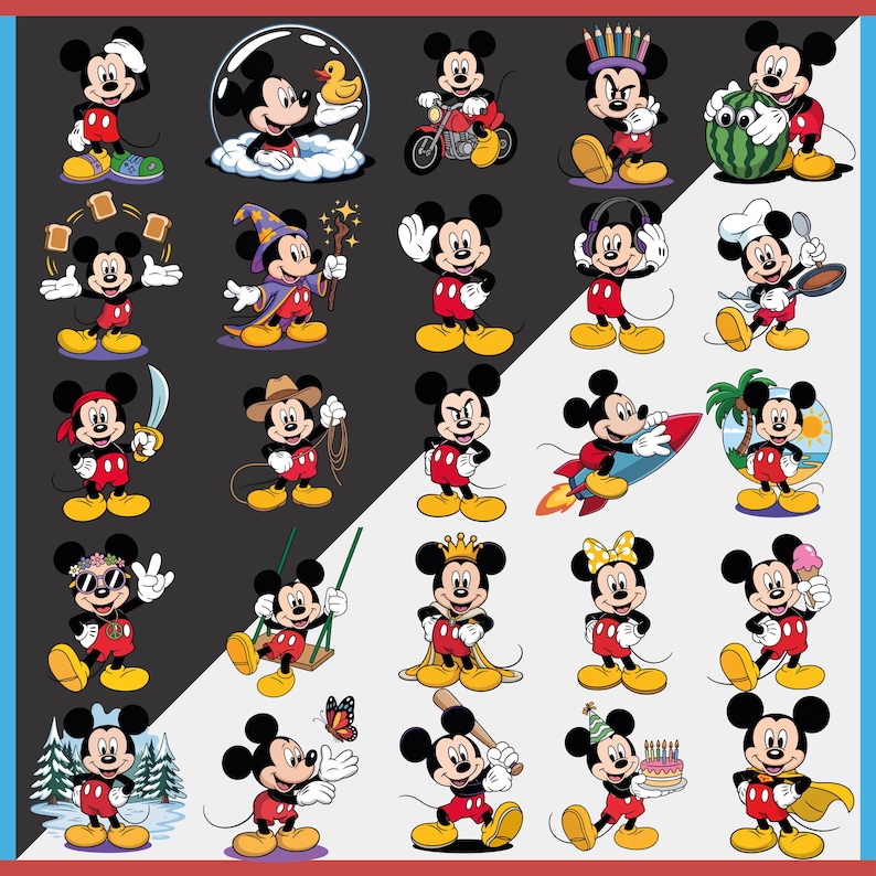 May include: A collection of cartoon Mickey Mouse illustrations in various poses and outfits. Mickey is depicted as a chef, pirate, cowboy, and more. The images are set against a black and white background with blue and red borders.