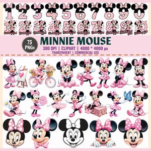 Könnte beinhalten: Eine Sammlung von 75 Minnie Mouse PNG-Bildern. Die Bilder enthalten die Zahlen 1-9 mit gepunkteten Schleifen, Minnie Mouse-Illustrationen in verschiedenen Posen und den Text "Birthday Girl". Die Bilder sind transparent und kommerziell nutzbar.